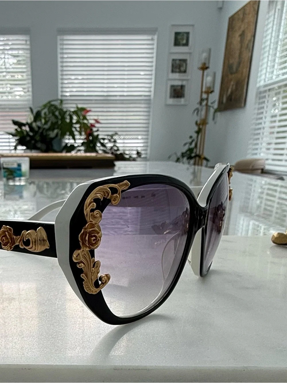 Dolce Gabbana Black, White and Gold  Baroque Floral Accent Sunglasses